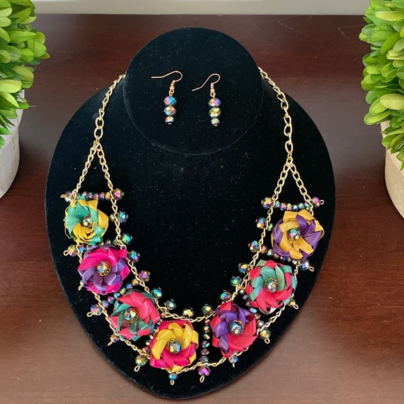 MEXICAN HANDCRAFTED JEWELRY SET FLORAL PALM LEAF MULTICOLOR NECKLACE & EARRINGS - Picture 15 of 17
